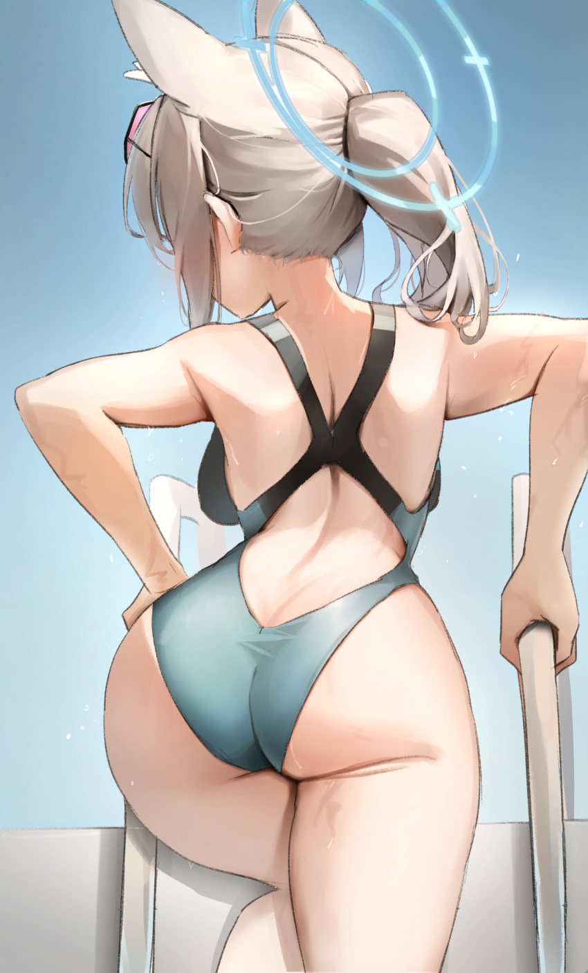 1girl absurdres animal_ears ass bad_anatomy bad_leg bare_arms bare_legs bare_shoulders black_one-piece_swimsuit blue_archive blue_halo extra_ears from_behind grey_hair halo highres medium_hair official_alternate_costume one-piece_swimsuit ponytail scarlet_(wv0102) shiroko_(blue_archive) shiroko_(swimsuit)_(blue_archive) solo swimsuit wolf_ears