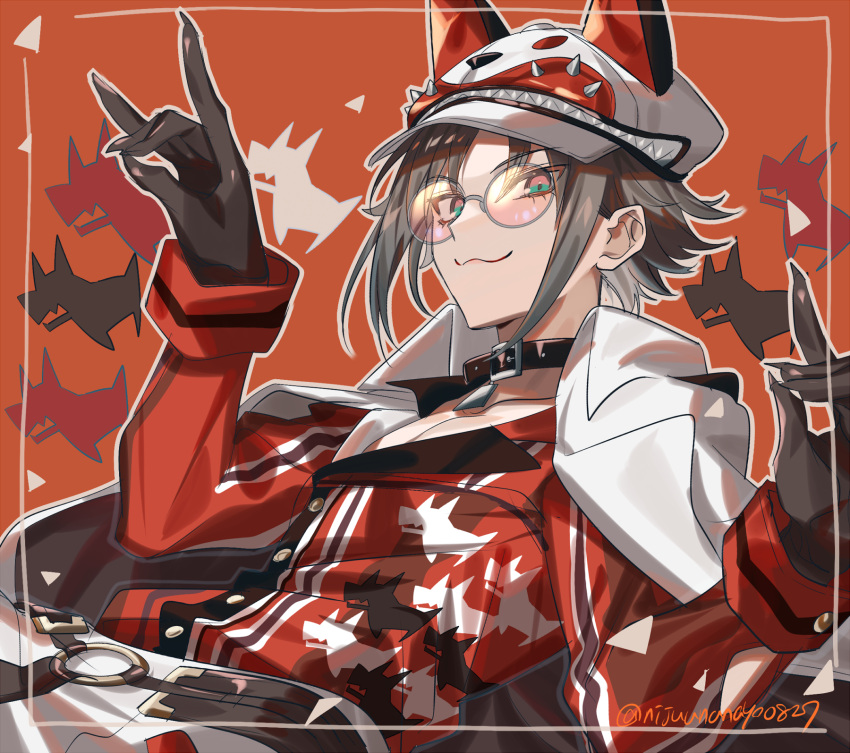 1boy :3 animal_ear_headwear animal_print belt black_gloves border brown_hair commentary_request cowboy_shot dog_print fox_hat fox_shadow_puppet gloves green_eyes highres jacket jacket_on_shoulders looking_at_viewer male_focus miyukiyo mysta_rias mysta_rias_(1st_costume) nijisanji nijisanji_en o-ring o-ring_belt open_clothes open_jacket open_shirt orange-tinted_eyewear orange_background orange_shirt pants shirt short_hair sidelocks simple_background smile solo tinted_eyewear twitter_username virtual_youtuber white_jacket white_pants