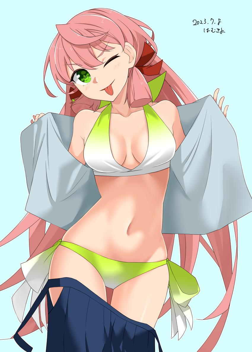 1girl absurdres akashi_(kancolle) artist_name bare_shoulders bikini blue_background blunt_tresses breasts cleavage collarbone cowboy_shot dated gradient_bikini hair_ribbon hamukiyo highres kantai_collection large_breasts long_hair navel official_alternate_costume one_eye_closed open_clothes open_shirt pink_hair ribbon side-tie_bikini_bottom simple_background skirt skirt_removed solo swimsuit tongue tongue_out tress_ribbon very_long_hair