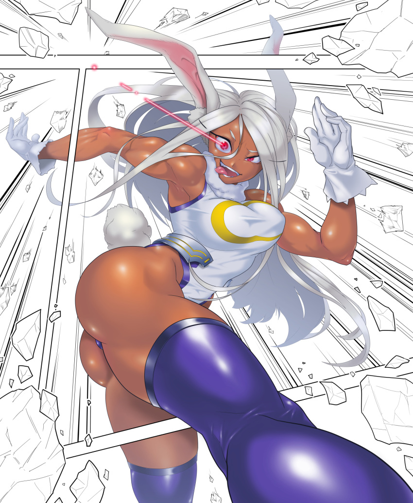 1girl animal_ears armpits ass bare_shoulders boku_no_hero_academia breasts crescent_print dark-skinned_female dark_skin debris fur_collar gloves glowing glowing_eye hair_between_eyes hand_up highleg highleg_leotard highres kicking large_breasts leotard long_eyelashes long_hair looking_at_viewer mirko motion_lines paneled_background parted_bangs purple_thighhighs rabbit_ears rabbit_girl rabbit_tail red_eyes sleeveless_turtleneck_leotard smile solo tail tail_through_clothes taut_leotard teeth thick_thighs thighhighs thighs toned tongue tongue_out uneven_eyes very_long_hair white_gloves white_hair white_leotard yasuaki