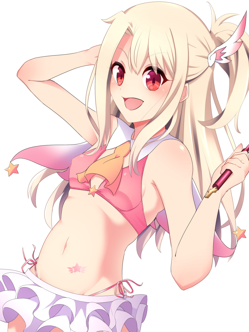 1girl absurdres arm_up bare_shoulders blonde_hair blush breasts crop_top fate/grand_order fate/kaleid_liner_prisma_illya fate_(series) feather_hair_ornament feathers hair_between_eyes hair_ornament hand_on_own_head highres holding holding_staff illyasviel_von_einzbern long_hair magical_girl magical_ruby midriff miniskirt navel open_mouth prisma_illya red_eyes sidelocks simple_background skirt sleeveless small_breasts solo staff star_(symbol) stomach straight_hair tank_top tei_(oekakikaki) white_background