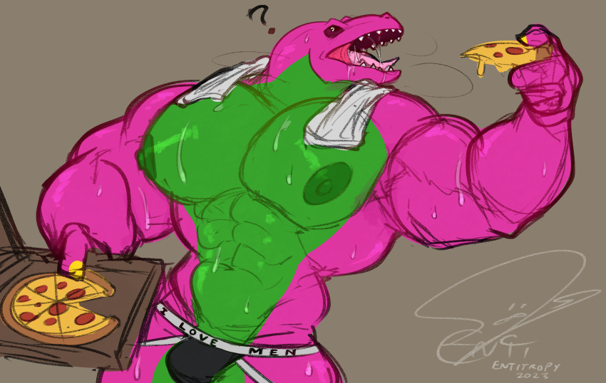 2023 abs absurd_res barney_and_friends barney_the_dinosaur biceps bodily_fluids clothed clothing digital_media_(artwork) dinosaur entitropy food hi_res jockstrap male muscular muscular_male nipples open_mouth pecs pizza reptile scalie signature simple_background solo sweat tongue underwear underwear_only