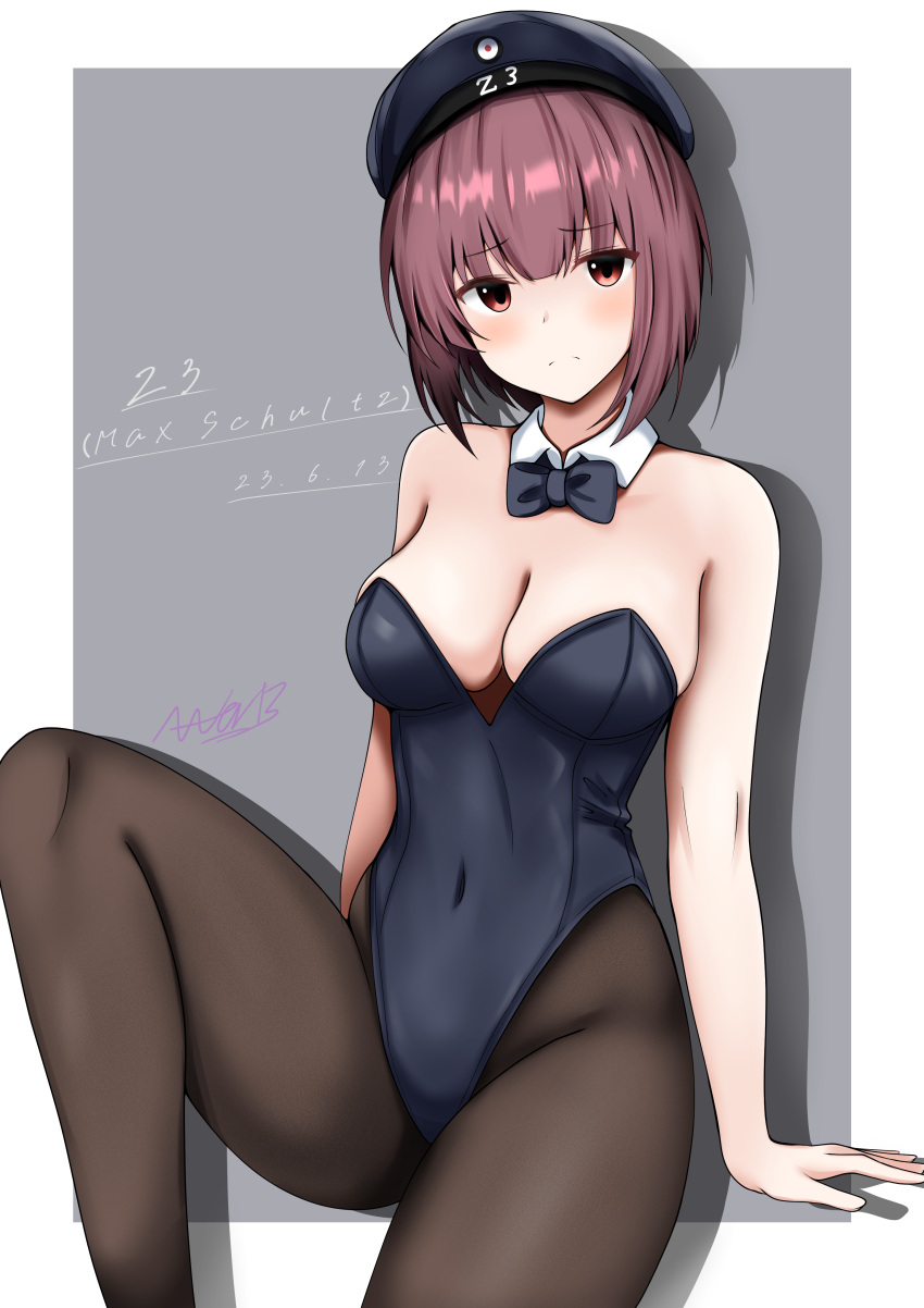 1girl abataa absurdres bare_shoulders beret black_bow black_bowtie black_leotard black_pantyhose blue_eyes blush bow bowtie breasts brown_eyes brown_hair character_name cleavage clothes_writing covered_navel dated detached_collar grey_background hat highres kantai_collection leotard looking_at_viewer medium_breasts pantyhose peaked_cap sailor_hat short_hair sitting solo strapless strapless_leotard white_background wrist_cuffs z3_max_schultz_(kancolle)