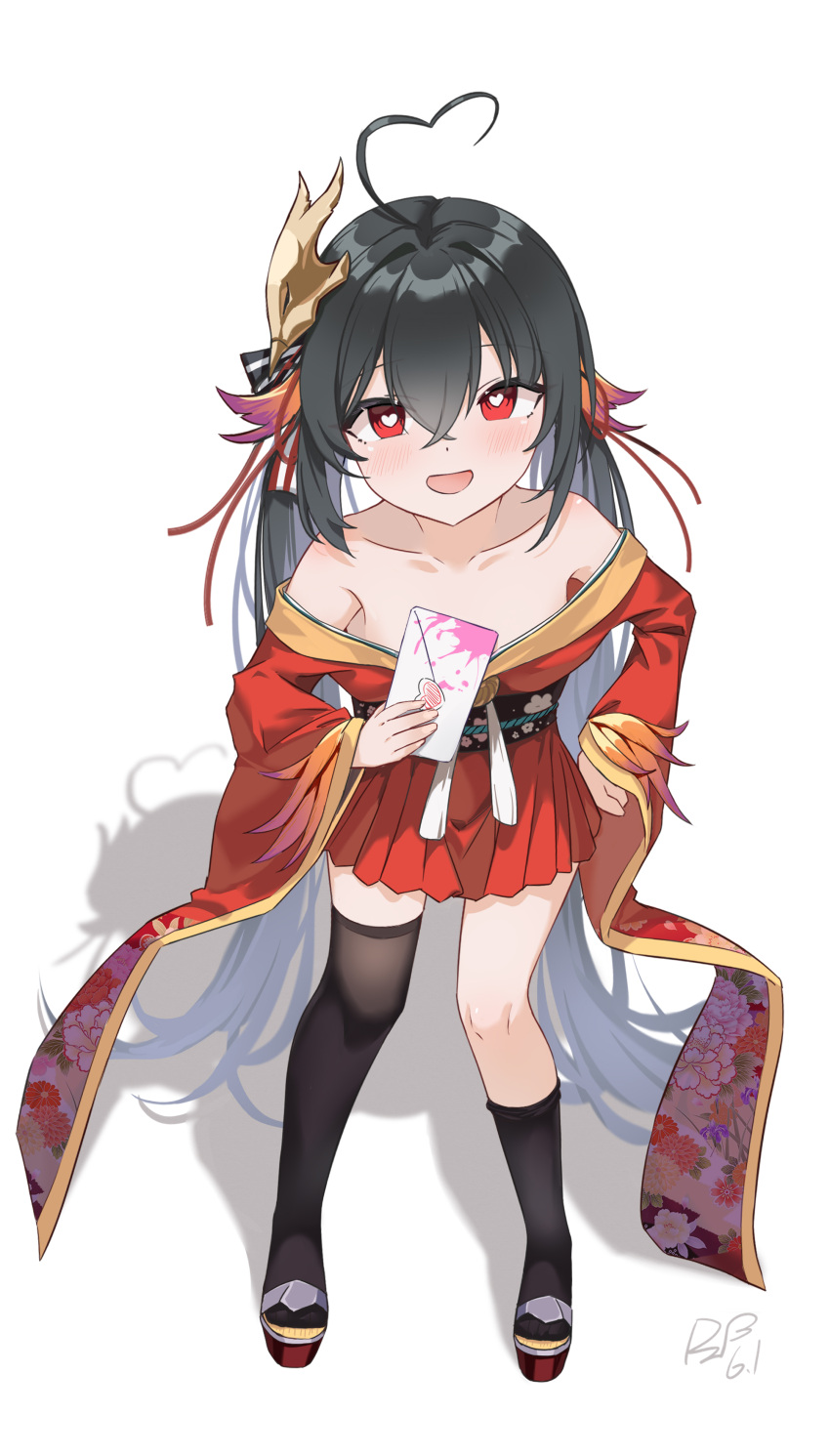 1girl absurdres ahoge asymmetrical_legwear azur_lane bare_shoulders black_hair black_thighhighs blush collarbone crossed_bangs envelope full_body hair_between_eyes heart heart-shaped_pupils heart_ahoge highres holding holding_envelope japanese_clothes kimono kimono_skirt mask mask_on_head miniskirt off_shoulder okobo open_mouth ping_zhong_yu red_eyes shadow signature simple_background single_thighhigh skirt smile solo symbol-shaped_pupils taihou-chan_(azur_lane) tengu_mask thighhighs twintails white_background