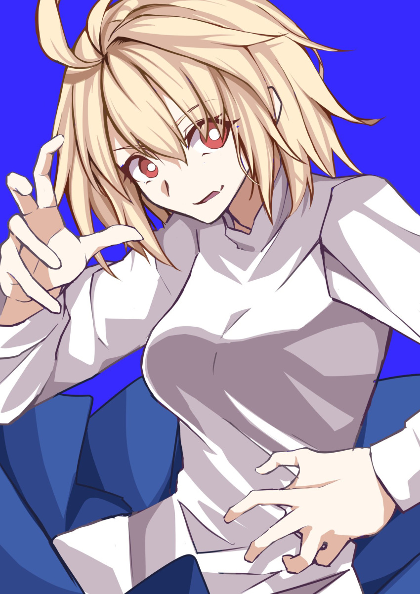 1girl antenna_hair arcueid_brunestud blonde_hair blue_background blue_skirt bright_pupils commentary fang highres looking_at_viewer red_eyes shirt short_hair simple_background skin_fang skirt solo tsukihime ttumupen upper_body white_pupils white_shirt