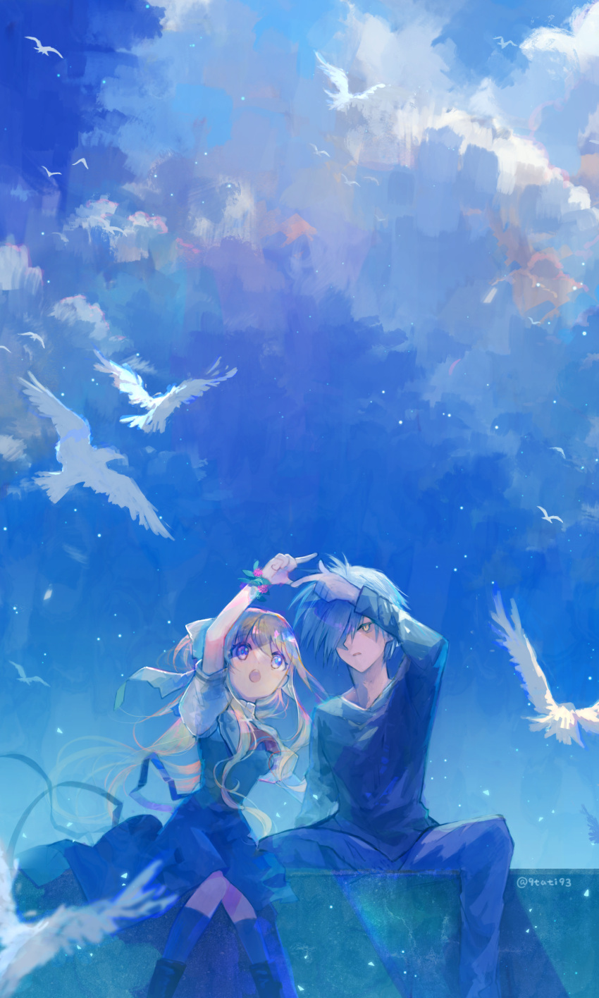 1boy 1girl :o absurdres air_(visual_novel) arm_up bird black_dress blonde_hair blue_eyes blue_sky cloud cloudy_sky commentary day dress feet_out_of_frame finger_frame floating_hair flower_wreath grey_hair hair_over_one_eye hetero highres kamio_misuzu knees_together_feet_apart kunisaki_yukito kusarukusa long_hair long_sleeves looking_up one_eye_covered open_mouth outdoors ponytail puffy_short_sleeves puffy_sleeves school_uniform sharp_teeth shirt short_hair short_sleeves sidelocks sitting sky teeth twitter_username white_bird white_shirt wide_shot yellow_eyes