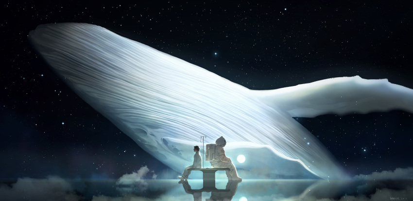 1boy 1other artist_name astronaut back-to-back black_hair cloud commentary dated flying_whale full_moon han_yijie highres horizon intravenous_drip iv_stand long_sleeves male_focus moon night night_sky original pants reflective_floor scenery shirt short_hair sitting sky space_helmet spacesuit star_(sky) starry_sky surreal symbol-only_commentary whale white_footwear white_pants white_shirt