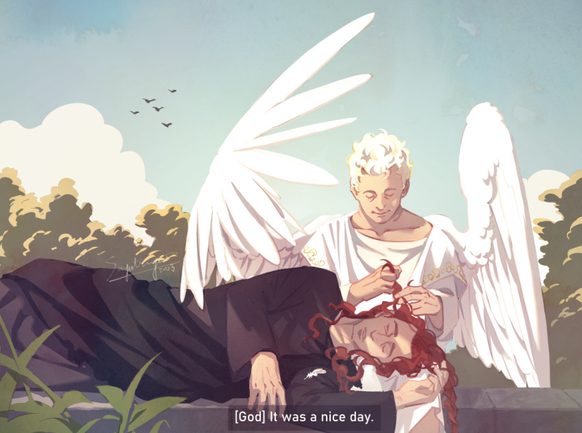 2boys angel angel_wings aziraphale_(good_omens) bird black_robe closed_eyes cloud cloudy_sky crowley_(good_omens) day demon demon_boy feathered_wings good_omens hand_in_another's_hair lap_pillow long_sleeves multiple_boys outdoors red_hair robe sayatsugu sky sleeping tree wavy_hair white_hair white_robe white_wings wings