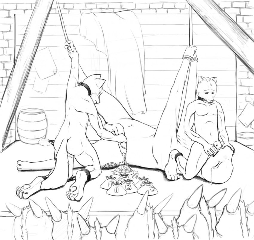 anthro barrel bodily_fluids bottle brick_wall caged canid canine canis collar container crowd cuff_(restraint) domestic_dog dragon ejaculation erection fabric feral force_feeding forced fox genitals group hi_res hybrid imminent_death kneeling kobold leash livestock mammal market nude penile penis penis_milking poster restrained restraints shackles shackles_only sitting_on_another slave tears tears_of_desperation wall_(structure)