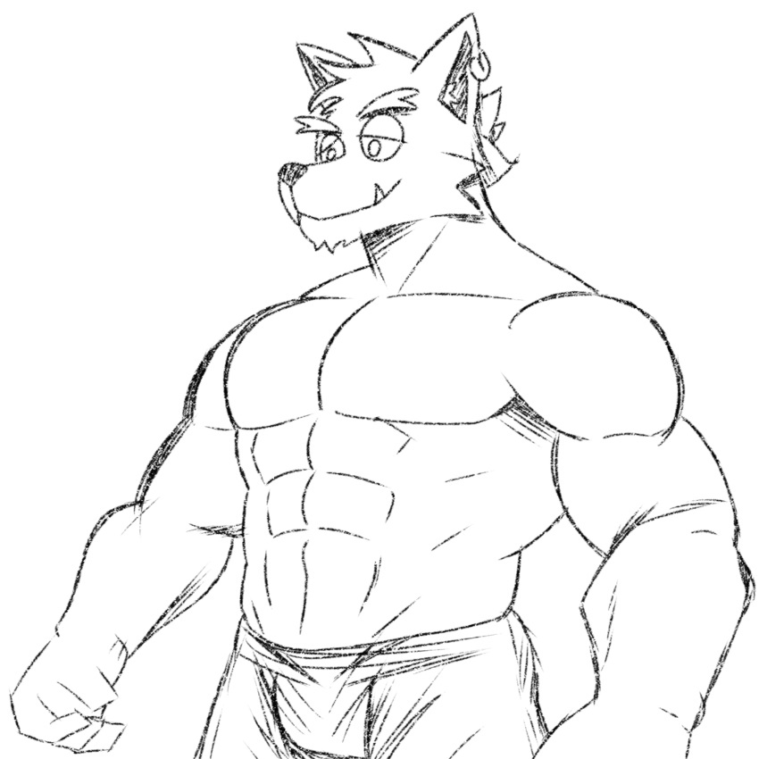 1:1 anthro bottomwear canid canine canis clothed clothing cute_eyes eyebrows fur hair hi_res humanoid male mammal monochrome muscular muscular_anthro muscular_male pants piercing slutty_face smile smug snout solo solo_focus teeth thick_eyebrows topless topless_anthro topless_male vaggo wolf