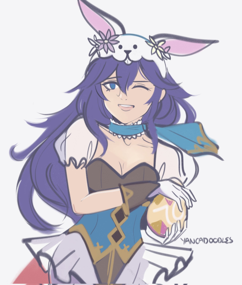 1girl :d animal_hood artist_name blue_eyes blue_hair breasts egg fire_emblem fire_emblem_awakening fire_emblem_heroes gloves hair_between_eyes highres holding holding_egg hood long_hair looking_at_viewer lucina_(fire_emblem) lucina_(spring)_(fire_emblem) official_alternate_costume one_eye_closed open_mouth playboy_bunny rabbit_hood short_sleeves small_breasts smile solo teeth upper_body upper_teeth_only white_background white_gloves yancadoodles