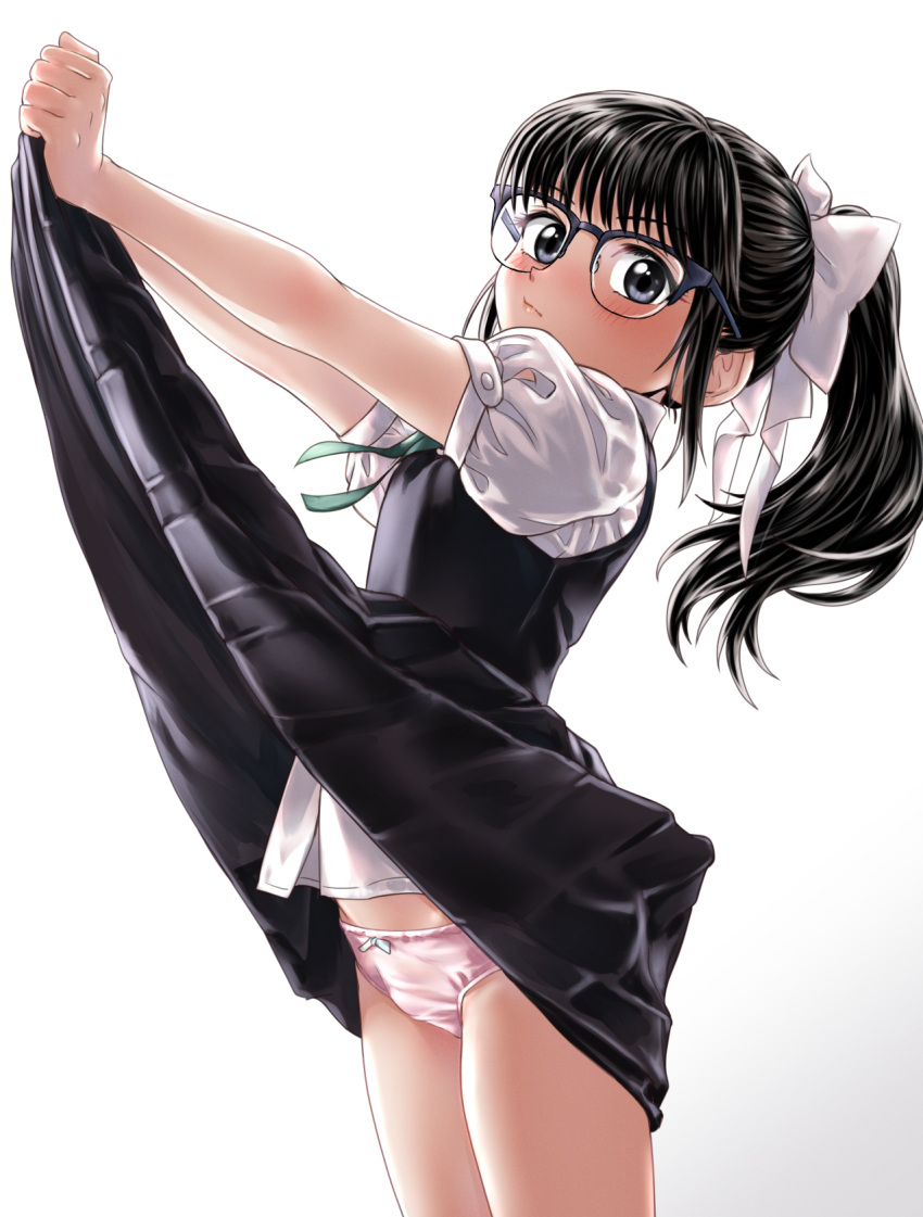 1girl akebi-chan_no_serafuku black_dress black_hair blush bow clothes_lift commentary_request cowboy_shot dress dress_lift glasses green_ribbon grey_eyes hair_bow highres kobamiso_(kobalt) lifted_by_self long_hair looking_at_viewer neck_ribbon panties pink_panties pleated_dress ponytail puffy_short_sleeves puffy_sleeves ribbon school_uniform shirt short_sleeves solo tatsumori_ai underwear uniform white_background white_bow white_shirt