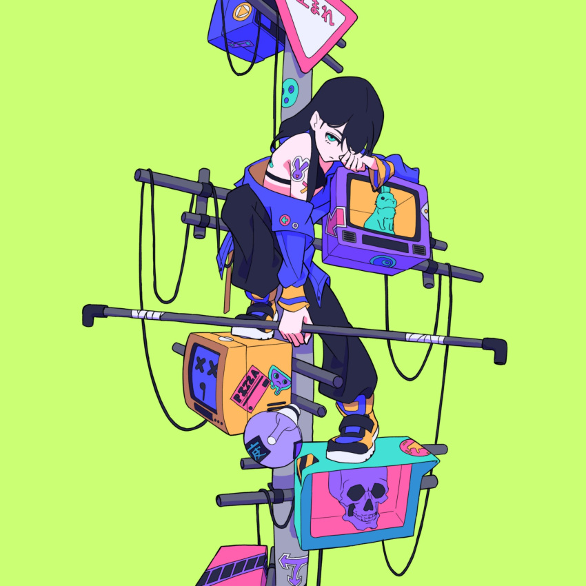 1girl bare_shoulders black_hair black_pants full_body gaako_illust green_background hair_over_one_eye highres holding jacket lead_pipe long_hair long_sleeves looking_at_viewer off_shoulder original pants shoes signpost simple_background skull sneakers solo speaker