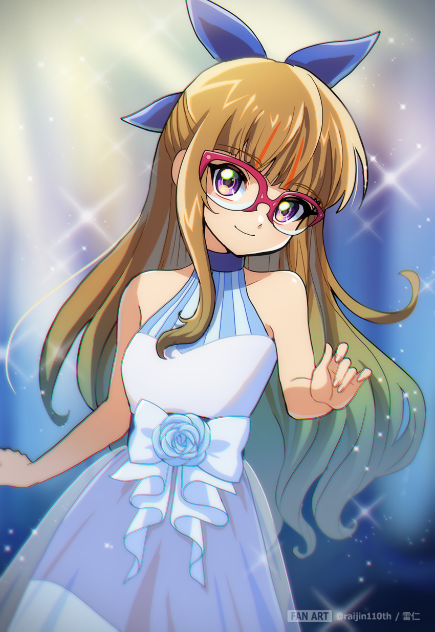 1girl alternate_costume bare_arms blue_bow blue_flower bow brown_hair closed_mouth collarbone dress flower glasses hair_bow highres long_hair ohdo_yuamu purple_eyes raijin-bh red-framed_eyewear sleeveless sleeveless_dress smile solo twitter_username very_long_hair white_bow white_dress yu-gi-oh! yu-gi-oh!_go_rush!!