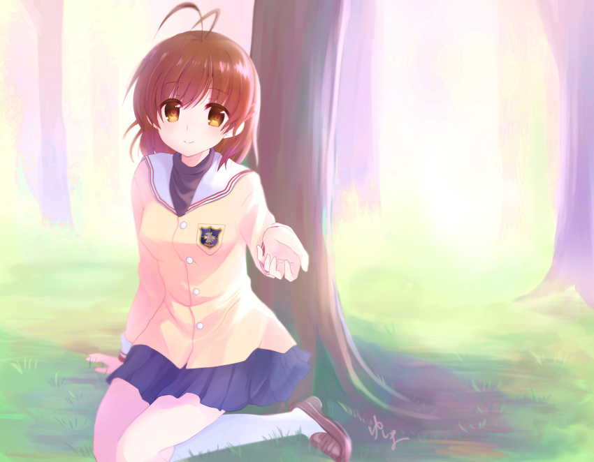 1girl antenna_hair blue_skirt blush brown_eyes brown_footwear brown_hair clannad clip_studio_paint_(medium) closed_mouth colored_eyelashes commentary day eyes_visible_through_hair foreshortening furukawa_nagisa grass hair_between_eyes hand_up highres hikarizaka_private_high_school_uniform jacket knees_out_of_frame loafers long_sleeves looking_at_viewer medium_hair miniskirt outdoors pleated_skirt reaching reaching_towards_viewer sailor_collar school_uniform shoes signature sitting skirt smile socks solo tree wariza white_sailor_collar white_socks yellow_jacket yushima