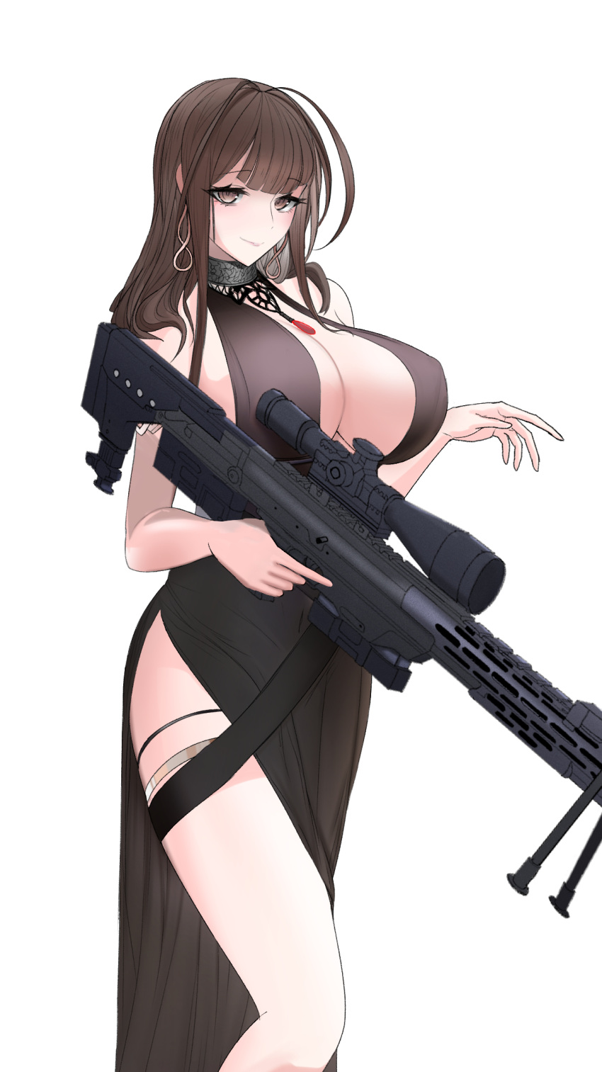 1girl anti-materiel_rifle black_dress bolt_action breasts brown_hair bullpup cleavage dress dsr-50_(girls'_frontline) dsr-50_(highest_bid)_(girls'_frontline) dsr-50_(weapon) girls'_frontline gun highres holding holding_gun holding_weapon huge_breasts long_hair looking_at_viewer official_alternate_costume revealing_clothes rifle sleeveless sleeveless_dress smile sniper_rifle solo swavigg thighs weapon