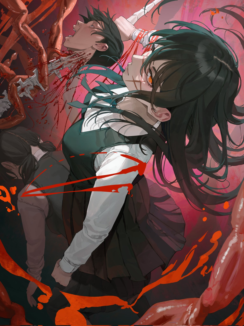 1boy 2girls black_hair blood blood_spray chainsaw_man cross_scar dress fourth_east_high_school_uniform highres holding holding_sword holding_weapon huh_1222 intestines long_hair looking_at_viewer low_twintails mitaka_asa multiple_girls open_mouth pinafore_dress ringed_eyes scar scar_on_cheek scar_on_face school_uniform severed_head short_hair sideways_glance sleeveless sleeveless_dress spine squatting sword twintails weapon yellow_eyes yoru_(chainsaw_man)