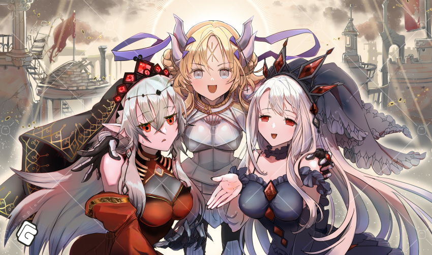 3girls armor bare_shoulders black_dress blazing_cartesia_the_virtuous blonde_hair braid breasts cangshuiqingxi cape colored_skin detached_sleeves dogmatika_ecclesia_the_virtuous dress duel_monster ecclesia_(yu-gi-oh!) facial_mark fake_horns forehead_mark gauntlets grey_hair guiding_quem_the_virtuous hair_between_eyes hair_ornament headgear highres horns jewelry large_breasts long_hair looking_at_viewer multiple_girls multiple_persona open_mouth pointy_ears red_dress red_eyes shoulder_armor smile tiara veil very_long_hair white_hair yu-gi-oh!