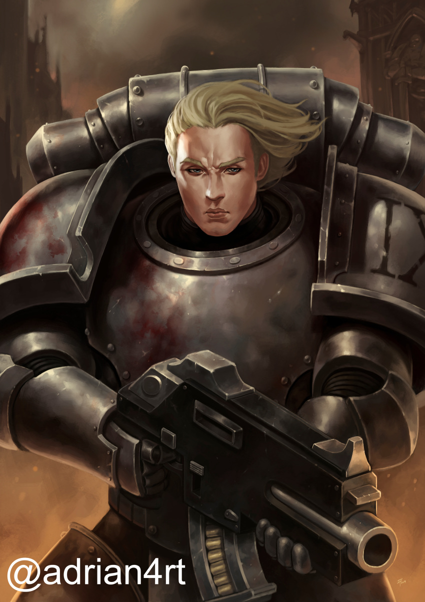 1boy absurdres adrian4rt armor artist_name blonde_hair blood blood_angels blood_on_armor blood_splatter blue_eyes bolter breastplate closed_mouth commentary commission couter crotch_plate cuirass english_commentary gauntlets grey_armor gun highres holding holding_gun holding_weapon leg_armor looking_to_the_side male_focus medium_hair outdoors pauldrons pelvic_curtain power_armor rerebrace shoulder_armor smoke solo straight-on warhammer_40k weapon