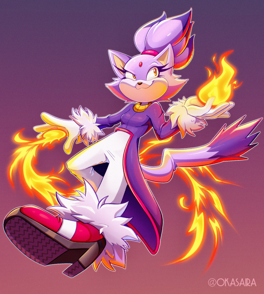 2023 absurd_res anthro artist_name blaze_the_cat breasts clothing coat domestic_cat elemental_manipulation eyelashes felid feline felis female fire fire_manipulation footwear fur gloves handwear hi_res high_heels mammal okasaira purple_body purple_fur sega shoes small_breasts smile solo sonic_the_hedgehog_(series) tailcoat topwear white_body white_fur yellow_eyes