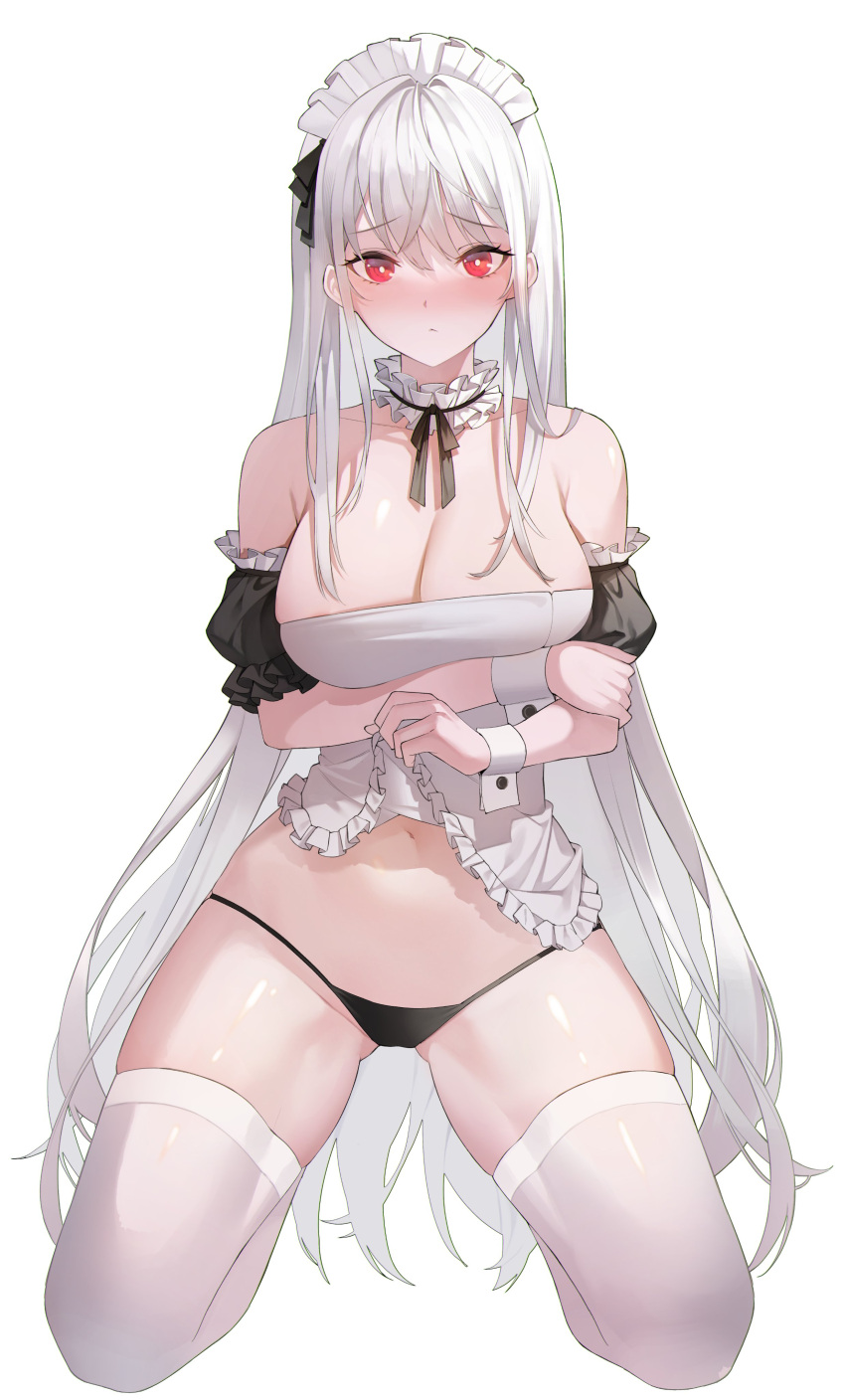 1girl absurdres bare_shoulders black_panties blush breasts bright_pupils choker chukibabo2 cleavage clothes_lift detached_sleeves dress dress_lift embarrassed frilled_choker frills highres kneeling large_breasts lifted_by_self long_hair looking_at_viewer maid maid_headdress navel no_pants nose_blush original panties red_eyes shirt solo stomach string_panties thighhighs thighs underwear very_long_hair white_hair white_shirt white_thighhighs