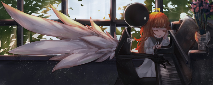 1boy 1girl black_bow black_bowtie black_skin bow bowtie brown_hair closed_eyes colored_skin deemo deemo_(character) english_commentary flower girl_(deemo) hand_on_own_cheek hand_on_own_face highres indoors instrument joan82610 long_hair music piano piano_bench playing_instrument sitting vase white_wings window wings