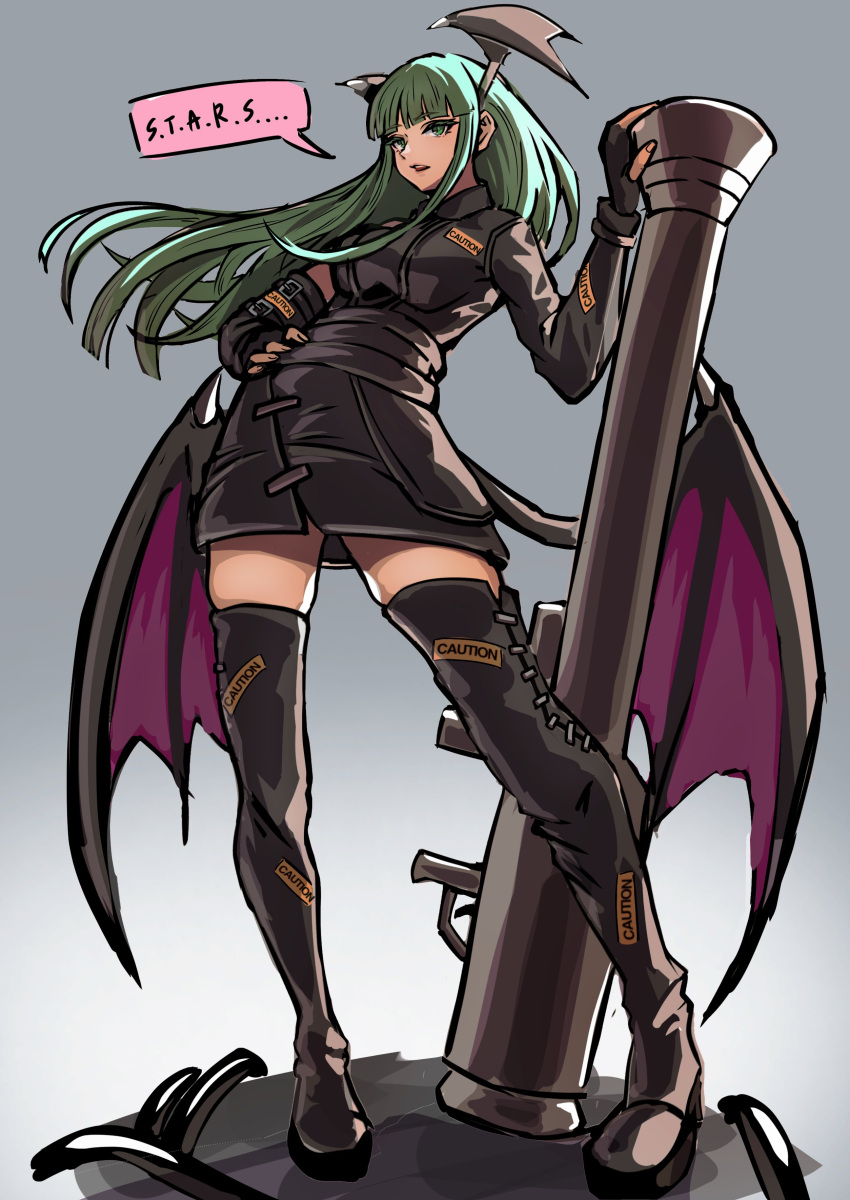 1girl absurdres ap_cammy black_footwear black_gloves blunt_bangs boots cannon demon_wings fingerless_gloves full_body gloves green_eyes green_hair head_wings highres long_hair morrigan_aensland resident_evil resident_evil_3:_nemesis single_sleeve solo speech_bubble vampire_(game) wings