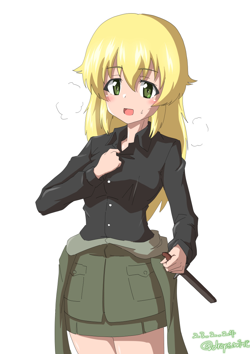 1girl absurdres anzio_military_uniform black_shirt blonde_hair carpaccio_(girls_und_panzer) clothes_around_waist collar_tug commentary cowboy_shot dated dress_shirt drops_mint girls_und_panzer green_eyes grey_jacket grey_skirt highres holding holding_knife jacket jacket_around_waist knife long_hair long_sleeves looking_at_viewer military_uniform miniskirt open_mouth shirt simple_background skirt smile solo standing steam sweat twitter_username uniform white_background wing_collar