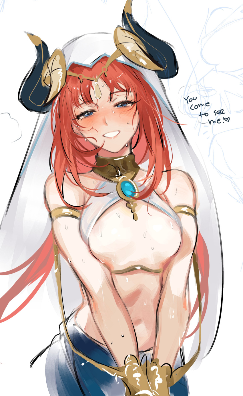 1girl absurdres areola_slip bare_shoulders blue_eyes blush breasts english_text eyelashes genshin_impact godwkgodwk hair_between_eyes harem_outfit highres horns long_hair looking_at_viewer medium_breasts midriff nilou_(genshin_impact) nose_blush red_hair simple_background sketch solo sweat veil very_long_hair white_background
