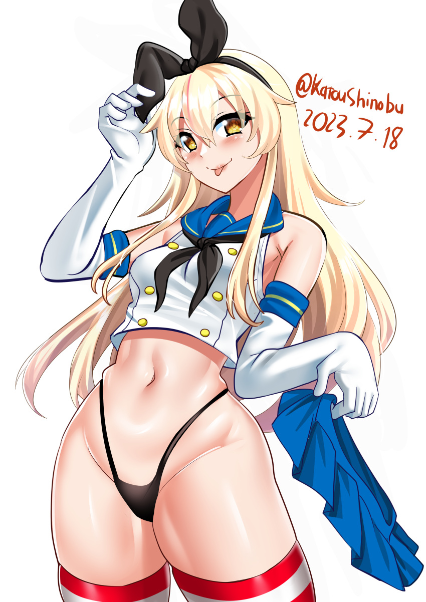 1girl absurdres black_neckerchief black_panties blonde_hair blue_sailor_collar blue_skirt brown_eyes cowboy_shot crop_top dated elbow_gloves gloves hair_between_eyes highleg highleg_panties highres holding holding_clothes holding_skirt kantai_collection katou_shinobu long_hair looking_at_viewer microskirt navel neckerchief panties pleated_skirt sailor_collar shimakaze_(kancolle) skirt skirt_removed smile solo standing striped striped_thighhighs thighhighs thong tongue tongue_out twitter_username underwear very_long_hair white_background white_gloves
