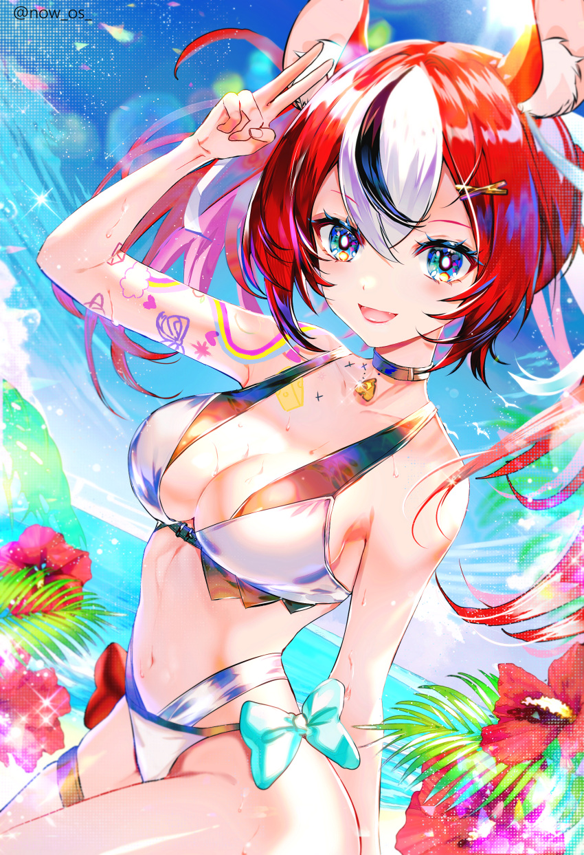 1girl absurdres animal_ear_fluff animal_ears bare_shoulders beach bikini black_choker black_hair blue_eyes breasts choker collarbone fangs hair_between_eyes hair_ornament hakos_baelz highres hololive hololive_english large_breasts long_hair looking_at_viewer mouse_ears mouse_girl multicolored_hair multiple_girls navel open_mouth outdoors red_hair smile solo sowon streaked_hair swimsuit twintails virtual_youtuber wet white_bikini white_hair