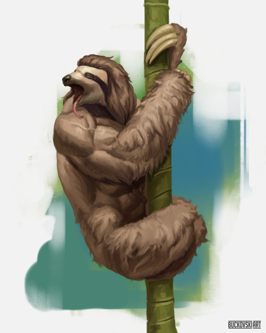 absurd_res anthro bamboo bamboo_tree brown_body brown_fur buckovskiart claws fantasy full-length_portrait fur hanging_from_branch hi_res male male/male mammal muscular pilosan plant portrait sloth solo tired tongue tongue_out tree weretober xenarthran