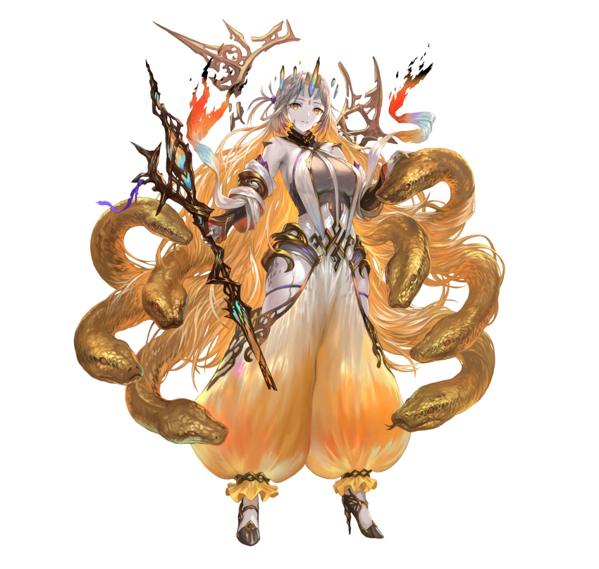 1girl absurdres bare_shoulders blonde_hair bodysuit breasts clothing_cutout detached_sleeves fire_emblem fire_emblem_heroes floating floating_object full_body gold_trim gradient_clothes grey_bodysuit grey_hair gullveig_(fire_emblem) gullveig_(seer_beyond_time)_(fire_emblem) high_heels highres horns large_breasts long_hair long_sleeves looking_at_viewer multicolored_hair official_art open_pants pale_skin pants puffy_pants seidr_(fire_emblem) single_horn snake snake_hair solo thick_thighs thigh_cutout thigh_strap thighs tight_clothes two-tone_hair very_long_hair yellow_eyes yoshiku_(oden-usagi)