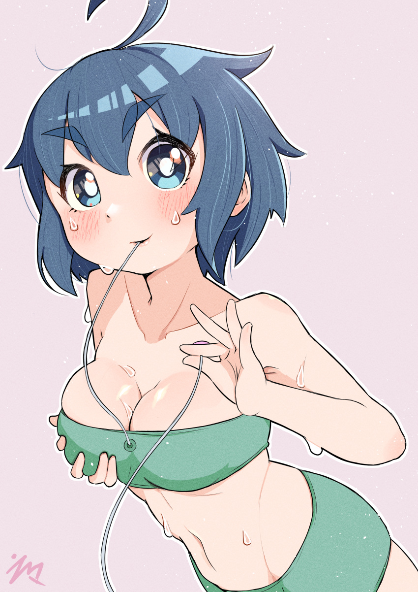 1girl absurdres ahoge bare_shoulders bikini blue_eyes blue_hair blush breasts cleavage collarbone commentary emma_(3one3o) grabbing_own_breast highres large_breasts lips looking_at_viewer navel nishihara pink_background short_hair sidelocks signature simple_background sports_bra sportswear stomach sweat swimsuit thick_eyebrows ueno-san_wa_bukiyou upper_body very_sweaty