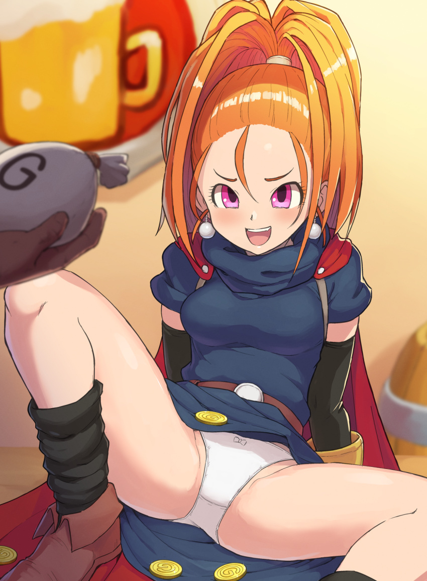 1girl barbara_(dq6) belt blush breasts cape chiwino dragon_quest dragon_quest_vi dress earrings gloves high_ponytail highres jewelry long_hair looking_at_viewer open_mouth orange_hair panties ponytail purple_eyes smile solo underwear