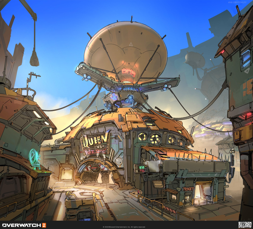 2023 arena balloon blue_sky building concept_art copyright_name english_commentary english_text fence highres logo no_humans official_art outdoors overwatch overwatch_2 radio_antenna scenery shop sign sky spikes ventilation_fan wire