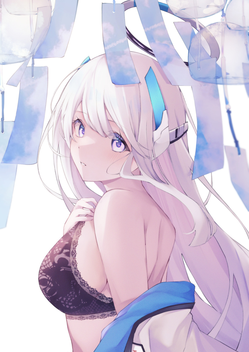 1girl black_bra blue_archive blush bra breasts from_side grey_hair halo hand_on_own_chest headgear highres hojiro_same jacket lace-trimmed_bra lace_trim long_hair looking_at_viewer noa_(blue_archive) off_shoulder parted_lips purple_eyes sideboob sidelocks solo swept_bangs underwear white_jacket wind_chime