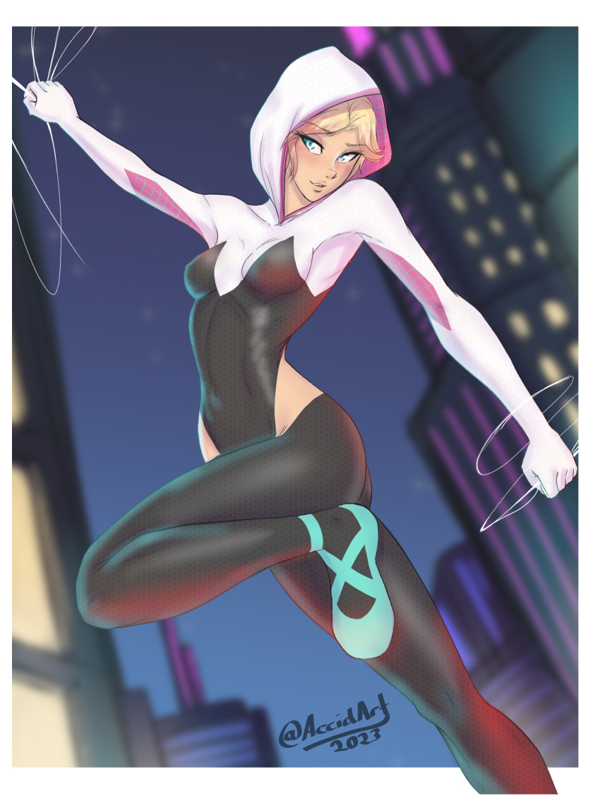 1girl absurdres accidart bad_source blonde_hair blurry blurry_background bodysuit breasts gwen_stacy highres hood marvel short_hair smile solo spider-gwen spider-man:_into_the_spider-verse spider-man_(series) spider-verse twitter_username