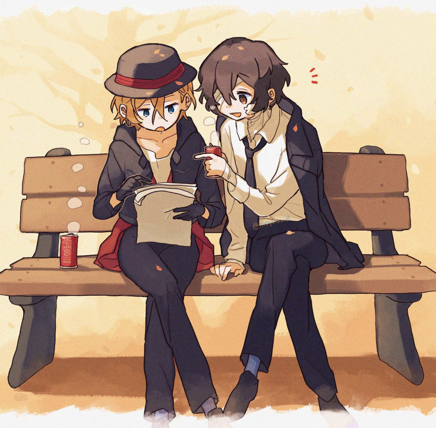 2boys bandage_over_one_eye bandaged_arm bandages bench black_eyes black_gloves black_hair black_headwear black_jacket black_necktie black_pants blue_eyes bungou_stray_dogs can collared_shirt crossed_legs dazai_osamu_(bungou_stray_dogs) fedora full_body gloves hand_up hat highres holding holding_can jacket jacket_on_shoulders long_sleeves male_focus multiple_boys nakahara_chuuya necktie open_mouth orange_hair pants rinu shirt short_hair sitting smile white_shirt