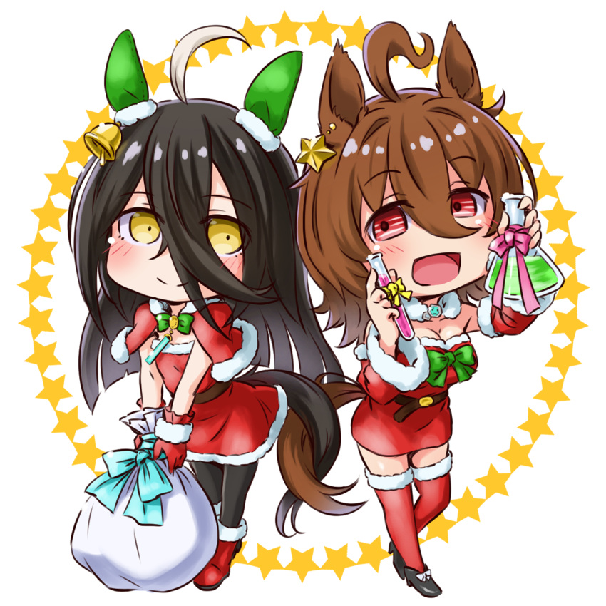 2girls agnes_tachyon_(umamusume) ahoge alternate_costume animal_ears arms_up black_footwear black_hair black_pantyhose boots breasts brown_hair capelet chibi cleavage closed_mouth detached_sleeves dress ear_covers erlenmeyer_flask flask flat_chest hair_between_eyes high_heels highres holding holding_sack holding_test_tube horse_ears horse_girl horse_tail intertwined_tails long_hair looking_at_viewer manhattan_cafe_(umamusume) medium_hair multiple_girls open_mouth pantyhose punto red_dress red_eyes red_footwear sack santa_costume small_breasts smile strapless strapless_dress tail test_tube umamusume yellow_eyes