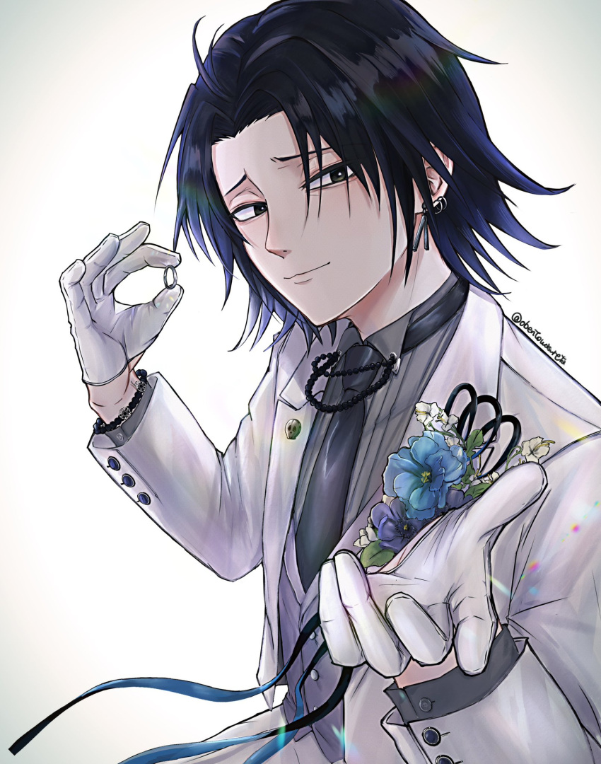 1boy alternate_costume beckoning black_eyes black_hair black_necktie feitan_portor formal highres holding holding_jewelry holding_ring hunter_x_hunter jewelry long_sleeves looking_at_viewer male_focus necktie obentowasureta outstretched_hand proposal reaching reaching_towards_viewer ring short_hair smile solo suit upper_body wedding_ring white_suit