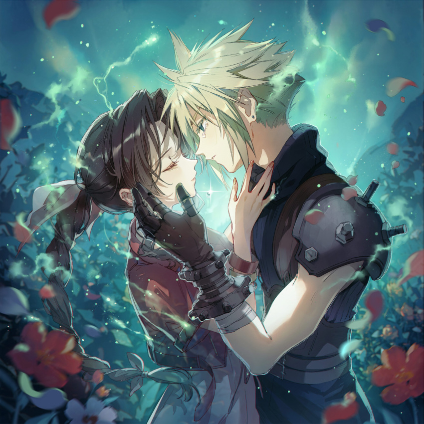 1boy 1girl aerith_gainsborough aqua_eyes armor bandaged_arm bandages belt blonde_hair blue_shirt blurry blurry_foreground bracelet braid braided_ponytail brown_gloves brown_hair closed_eyes cloud cloud_strife couple cropped_jacket crying dress earrings falling_petals field final_fantasy final_fantasy_vii flower flower_field forehead-to-forehead gloves hair_between_eyes hair_ribbon hand_on_another's_cheek hand_on_another's_face hands_on_another's_face heads_together hetero highres imminent_kiss jacket jewelry kieta long_hair looking_at_another outdoors parted_bangs parted_lips petals pink_dress pink_ribbon red_flower red_jacket ribbon shirt short_hair short_sleeves shoulder_armor sidelocks sky sleeveless sleeveless_turtleneck spiked_hair suspenders tears turtleneck upper_body wavy_hair