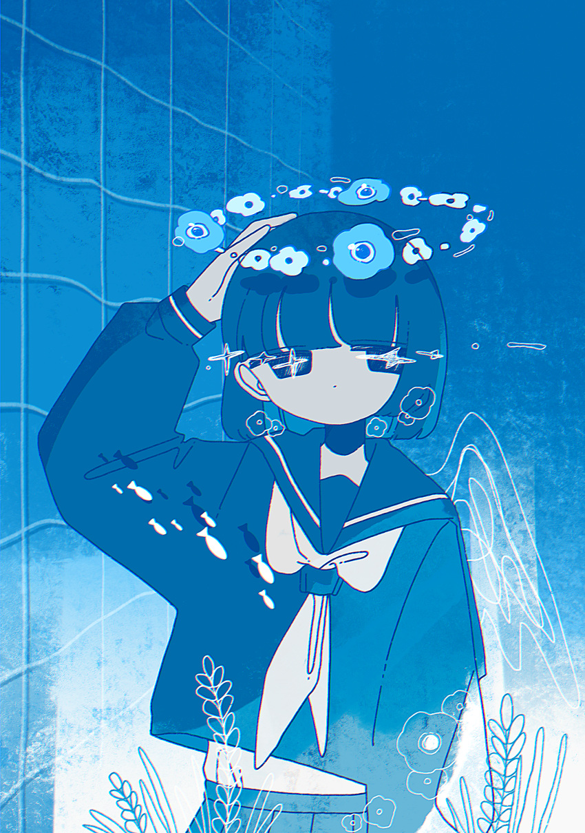 1girl anemone_(flower) black_eyes black_hair black_sailor_collar black_serafuku black_shirt black_skirt blue_flower blunt_bangs colored_skin cowboy_shot dot_mouth flower halo hand_on_own_head highres jitome looking_at_viewer medium_hair midriff_peek neckerchief original plant pleated_skirt sailor_collar school_uniform serafuku shirt sidelocks skirt solo sparkle sskitaco straight-on tile_wall tiles underwater white_neckerchief white_skin white_wings wings