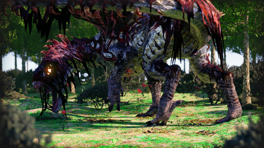 absurd_res animal_genitalia bad_bluedragon black_eyes blender_(software) blender_cycles capcom claws digital_media_(artwork) dragon elder_dragon female feral flower forest forest_background genitals hi_res horn looking_at_viewer monster_hunter nature nature_background nude plant pussy scales scalie solo tail toe_claws tree vaal_hazak western_dragon