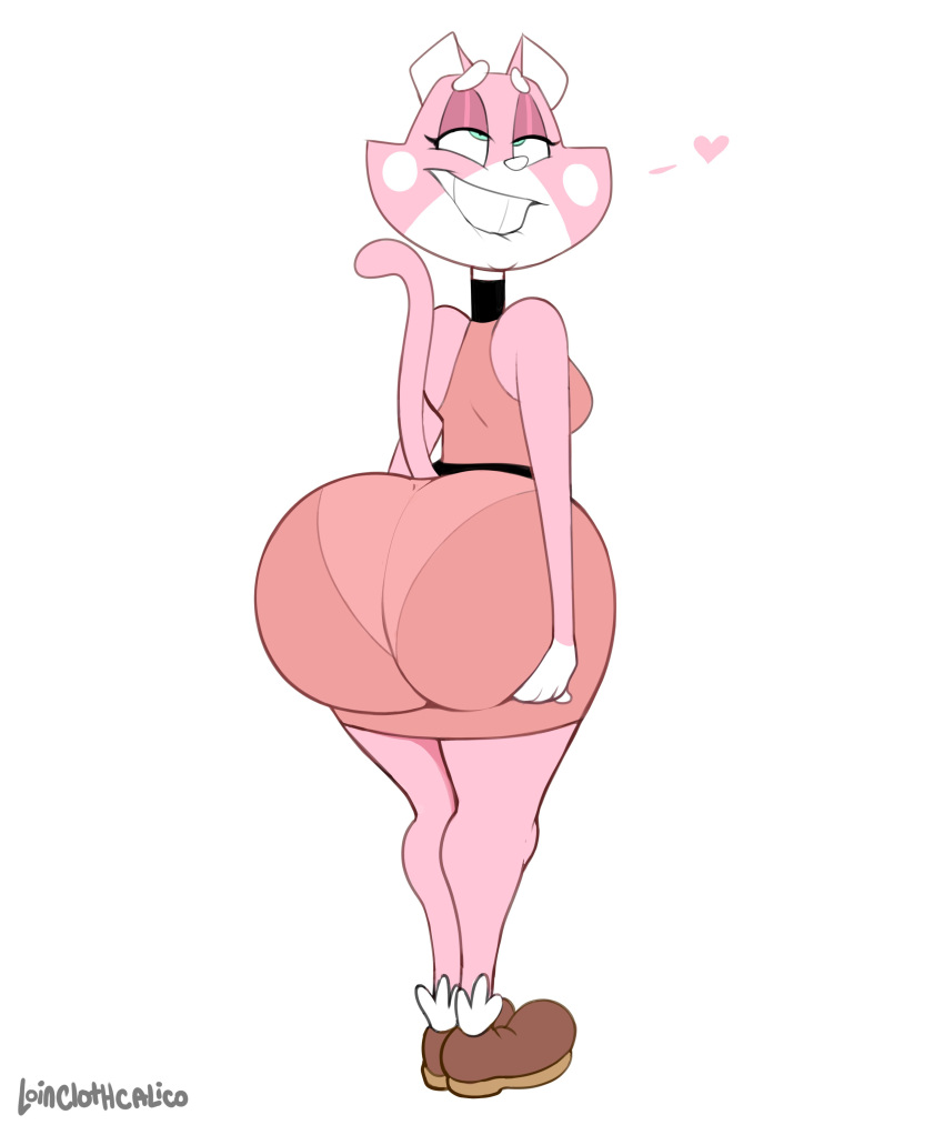 &lt;3 absurd_res anthro big_butt bite biting_lip blue_eyes boots butt butt_grab clothing domestic_cat dress felid feline felis female footwear hand_on_butt hi_res lidded_eyes looking_pleasured mammal pink_body shima_luan simple_background solo super_planet_dolan thick_thighs vimhomeless white_background wide_hips