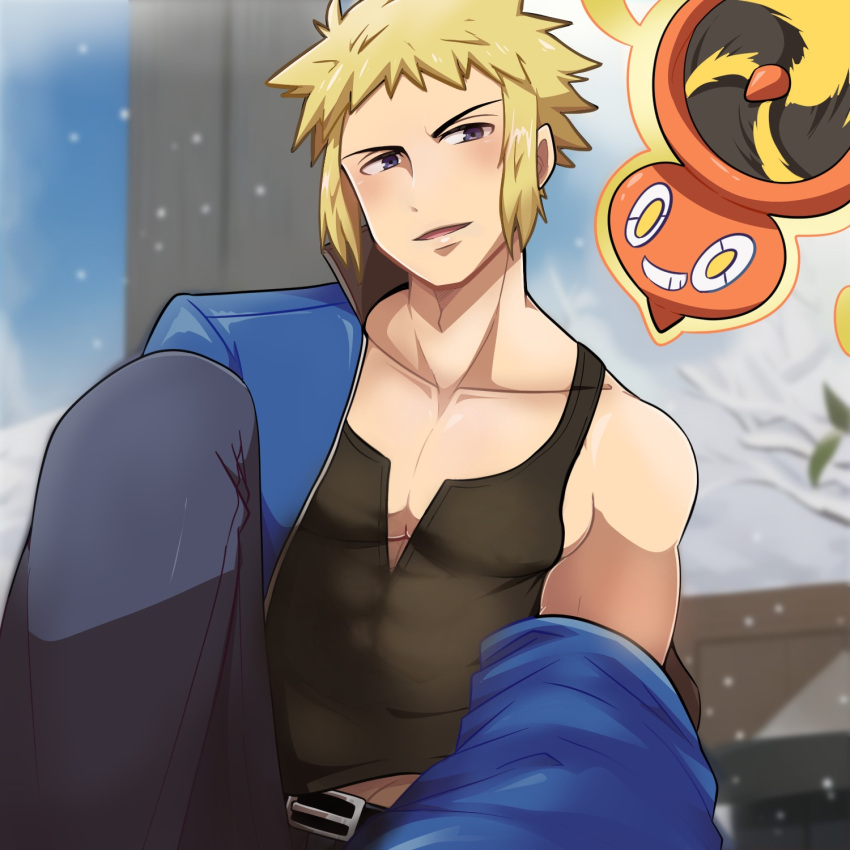 1boy belt blonde_hair blue_jacket blush collarbone commentary_request highres jacket male_focus off_shoulder open_mouth outdoors pectorals pokemon pokemon_(creature) pokemon_(game) pokemon_dppt rotom rotom_(fan) saon101 shirt short_hair smile snowing tank_top volkner_(pokemon) winter