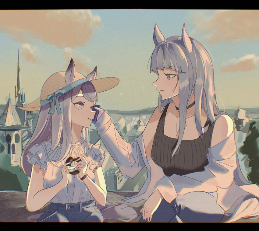 2girls bare_shoulders black_border black_choker black_tank_top border breasts choker cleavage frilled_shirt frills gold_ship_(umamusume) grey_hair hat highres horse_girl large_breasts long_hair looking_at_another mejiro_mcqueen_(umamusume) multiple_girls off_shoulder pants purple_eyes purple_hair ribbed_tank_top shimama_n_a shirt short_sleeves sitting straw_hat tank_top umamusume white_shirt