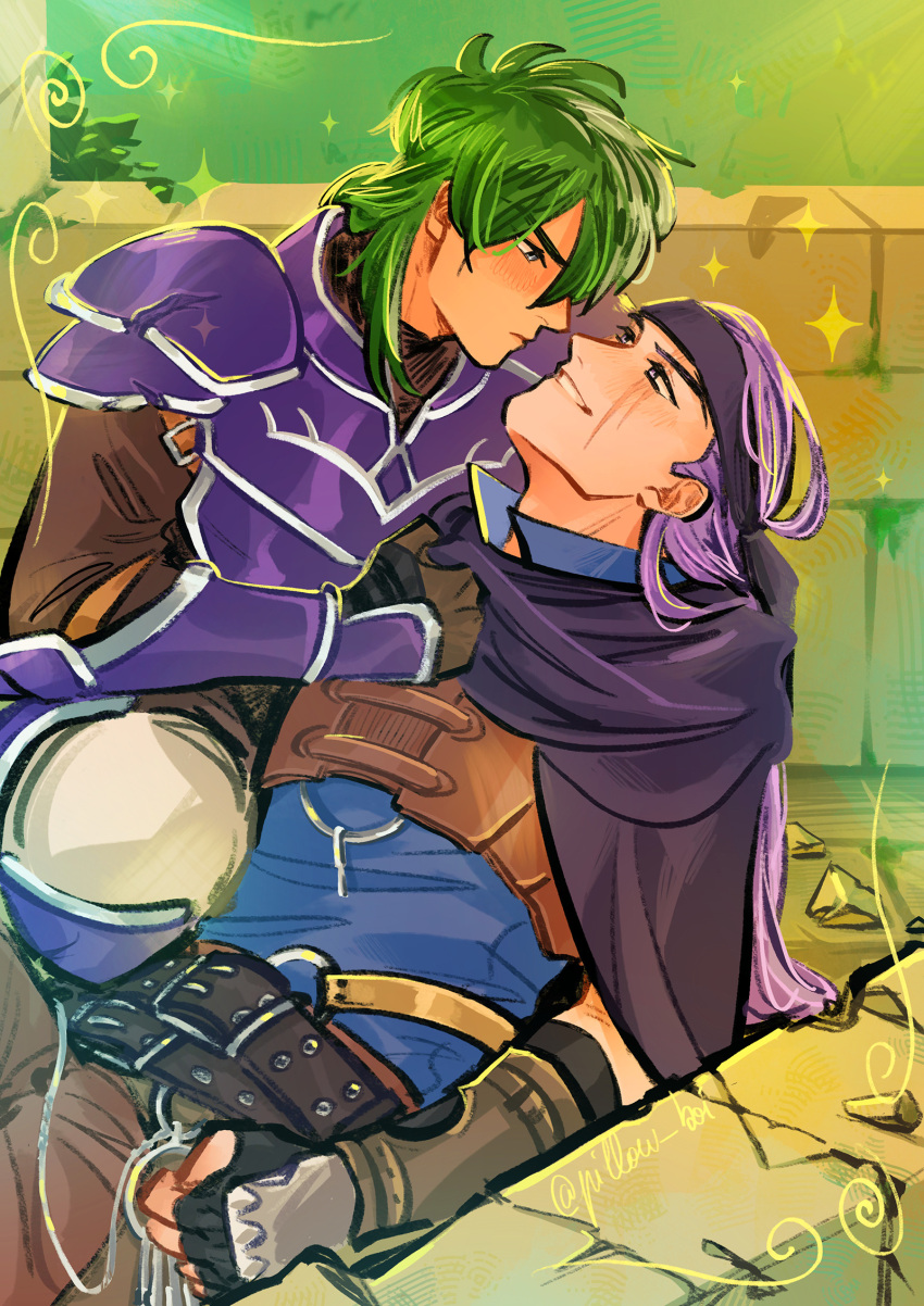 2boys armor bandana belt blush cape catching clothes_grab eye_contact fallen_down fire_emblem fire_emblem:_the_blazing_blade grabbing green_hair heath_(fire_emblem) highres holding holding_key imminent_kiss key legault_(fire_emblem) light_rays long_hair looking_at_another male_focus mullet multiple_boys polochon purple_eyes purple_hair ruins scar scar_across_eye scar_on_face smug yaoi