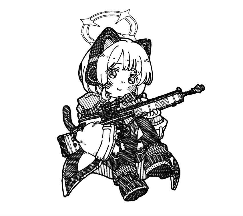 1girl animal_ear_headphones animal_ears assault_rifle blue_archive blush bow cat_ear_headphones cat_ears commentary fake_animal_ears ganbarutoufu gun hair_bow halo headphones highres holding holding_gun holding_weapon jacket legs long_sleeves looking_at_viewer midair midori_(blue_archive) monochrome rifle scope shoes short_hair shorts sidelocks smile solo thighhighs thighs weapon white_background wide_sleeves