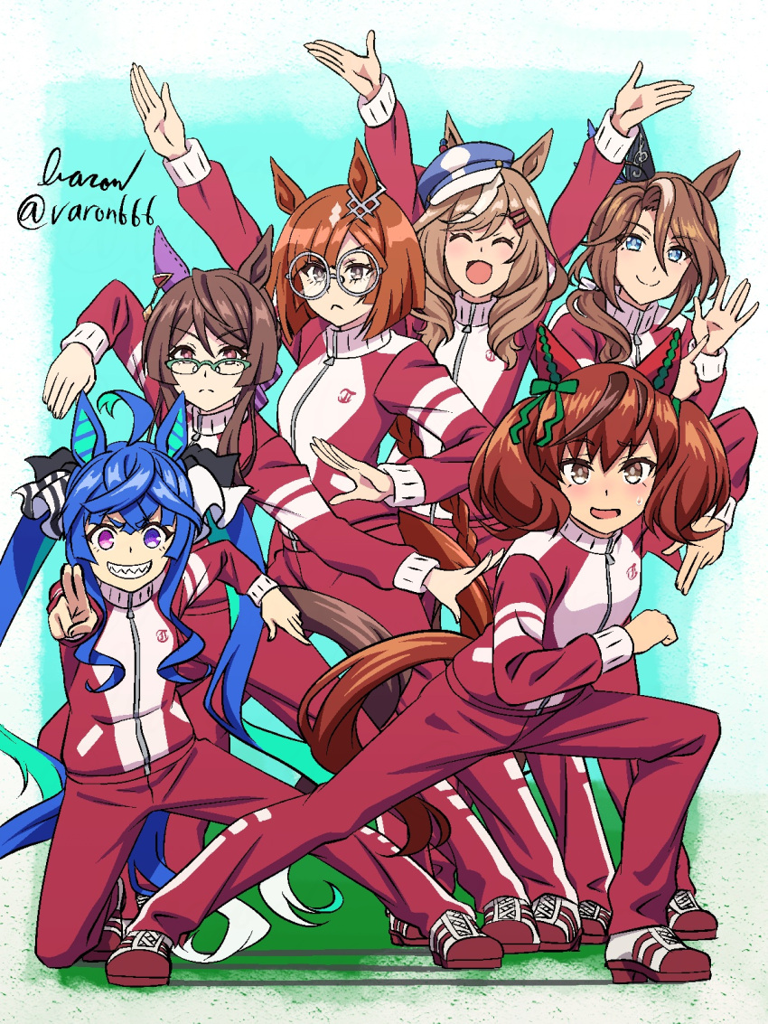 5girls :&lt; alternate_costume animal_ears arms_up artist_name baron_(varon666) blue_hair breasts brown_eyes brown_hair brown_haired_glasses_girl_(umamusume) closed_eyes closed_mouth dynamic_pose ear_covers full_body glasses green-framed_eyewear grey-framed_eyewear hair_ornament hairclip hat heterochromia highres horse_ears horse_girl horse_tail ikuno_dictus_(umamusume) jacket long_hair long_sleeves matikane_tannhauser_(umamusume) medium_breasts medium_hair multicolored_hair multiple_girls nice_nature_(umamusume) open_mouth pants pink_eyes pointing pointing_at_viewer purple_eyes red_footwear ressha_sentai_toqger round_eyewear sharp_teeth shoes single_ear_cover smile sounds_of_earth_(umamusume) standing super_sentai sweat sweatdrop tail teeth tracen_training_uniform track_jacket track_pants twin_turbo_(umamusume) twintails twitter_username umamusume